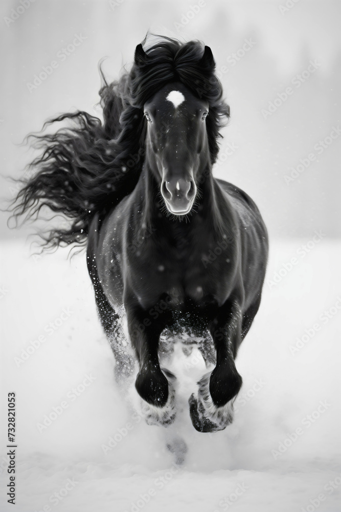Obraz premium Beautiful black horse running or galloping in the snow outdoors during cold winter weather season
