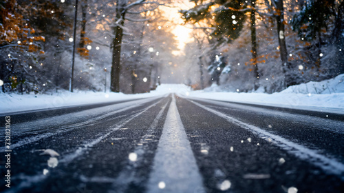 Landscape of a frozen and snowy winter asphalt road with white line for car and vehicle driving, traveling and transportation outdoors in a cold winter season weather.Empty street scene,bad conditions