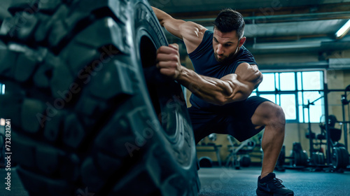 Handsome and muscular young athletic man flipping or pushing a heavy tractor tire in the modern CrossFit gym interior, wearing t shirt and shorts. Bodybuilding strength and endurance workout indoors 