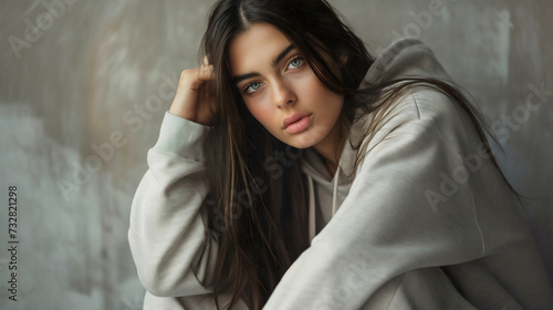 Closeup portrait studio shot of a beautiful and attractive young female model wearing a gray hoodie, looking at the camera with neutral face expression. Caucasian woman sitting, girl with blue eyes