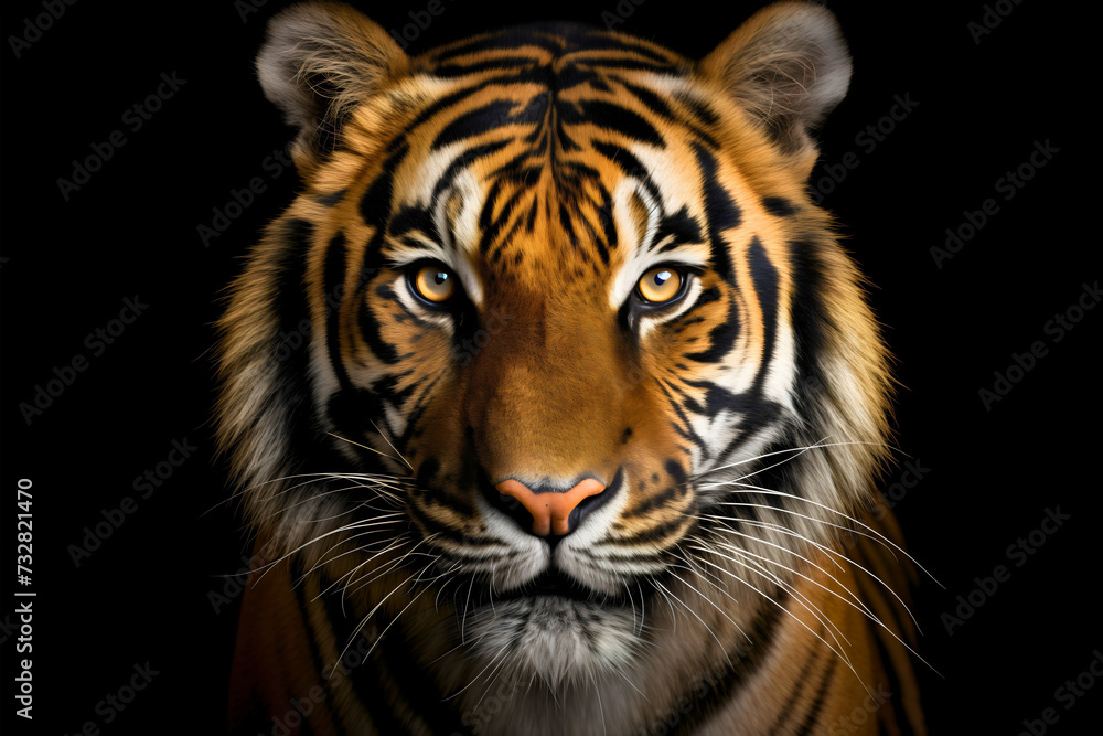Closeup front view studio portrait photography of a beautiful striped Bengal tiger animal, staring at the camera, pretty wild cat isolated on black background, head or face shot Closeup front view studio portrait photography of a beautiful striped Bengal tiger animal, staring at the camera, pretty wild cat isolated on black background, head or face shot