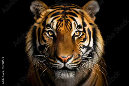 Closeup front view studio portrait photography of a beautiful striped Bengal tiger animal, staring at the camera, pretty wild cat isolated on black background, head or face shot © Nemanja