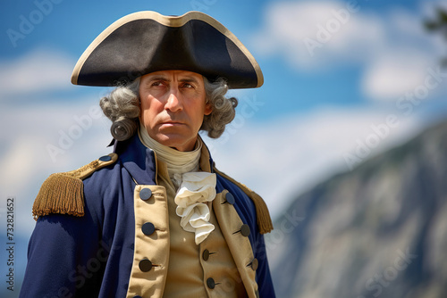 Close up portrait of George Washington standing in front of Mount Rushmore