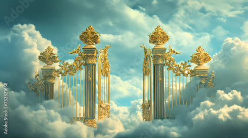 Ethereal shiny golden heaven gates or door in the heaven sky, surrounded by white clouds, entrance into paradise, Christian religious concept and belief. Resurrection or afterlife hope in Jesus Christ