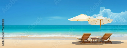 Two parasol umbrellas casting the shadow over the two wooden lounge chairs or easy chairs on an empty sunny sand beach near the blue ocean or sea water on a summer day. Sun protection on a holiday photo