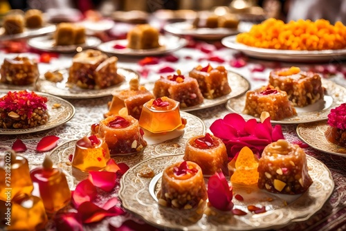  A close-up of a plate of traditional Middle Eastern sweets, adorned with honey and rose petals, tempting worshippers to indulge in the flavors of the 
