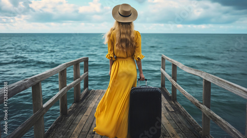 Rearview photography of a young woman with blonde hair wearing a beautiful yellow summer dress and straw hat, standing on a wooden deck next to the black suitcase, looking at sea or ocean water