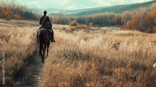 Rearview photography of the man riding on a brown domestic horse animal through the rural land of dry grass.  © Nemanja