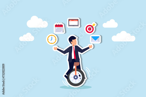 Mastering productivity, project management, multitasking, and time management maximizes output concept, skillful businessman riding unicycle juggling elements, laptop, calendar, ideas and emails.