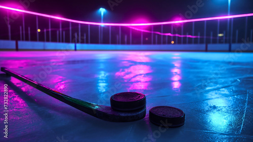 Closeup of an ice hockey sports stick and puck on the frozen surface of the court in the arena indoors. Rink competition equipment, nobody, empty training field where professional athletes play