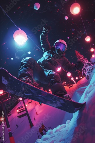 Snowboarder Performing a Trick at Night with Vibrant Pink and Blue Lights - A Dynamic Image for Extreme Sports and Night Skiing Promotions