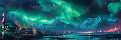 Enchanting Northern Lights Over a Snowy Village, Perfect for Stories of Winter Magic and Nature's Mysteries