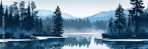 Misty Dawn at a Calm Forest Lake with Snow Patches and Reflective Waters Amidst Towering Pine Trees