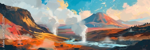 Volcanic Landscape with Geysers  Colorful Terrain  and Distant Mountains Under a Dynamic Sky at Dusk