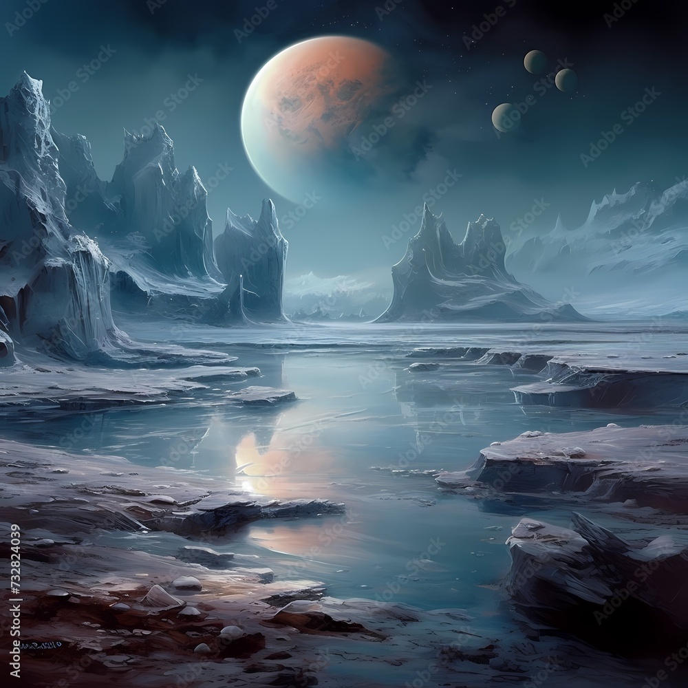 Majestic Alien Landscape with Moonrise Over an Icy Terrain