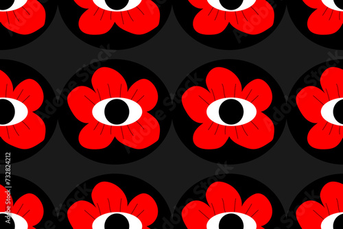 Abstract red flower with an eye in the middle. Black, red, white bright contrast colors. Seamless vector pattern for design and decoration.