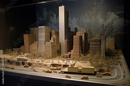 Reconstruction of terrorist attack on Twin Towers in New York, depicting the historic event and memorial. Generative AI