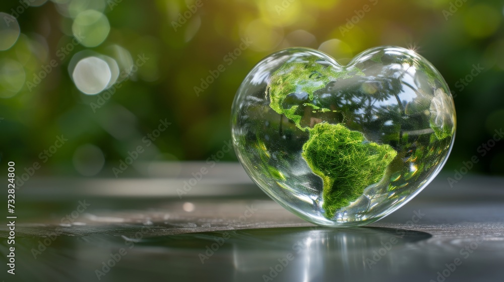 Green earth in a heart-shaped crystal sphere. Earth Day.