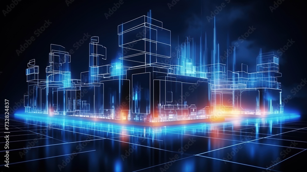 3D rendering illustration Building blueprint glowing neon hologram futuristic show technology security for premium product business finance transportation, generative ai, 3D rendering illustration Building blueprint glowing neon hologram futuristic show technology security for premium product business finance transportation, generative ai,