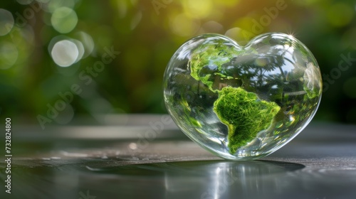 Green earth in a heart-shaped crystal sphere. Earth Day.