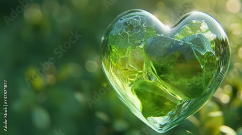 Green earth in a heart-shaped crystal sphere. Earth Day.