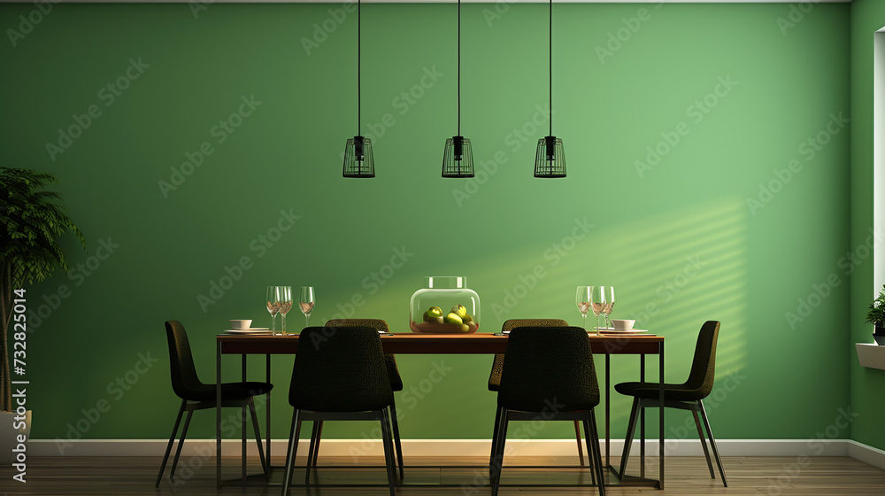 Minimalist dining room with green wall background. Minimalist dining room with green wall background.