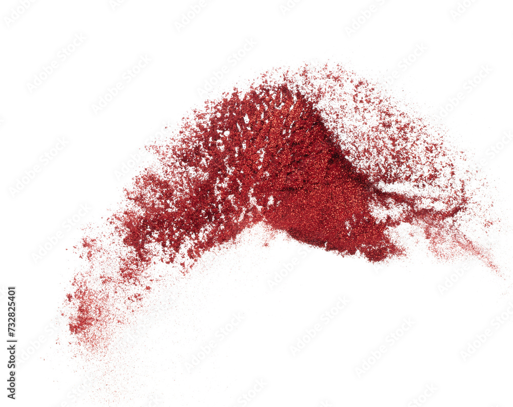 Red metallic glitter sparkle explosion in air. Red Glitter sand spark blink celebrate Chinese new year, fly throw red glitters particle. White background isolated, selective focus Blur bokeh