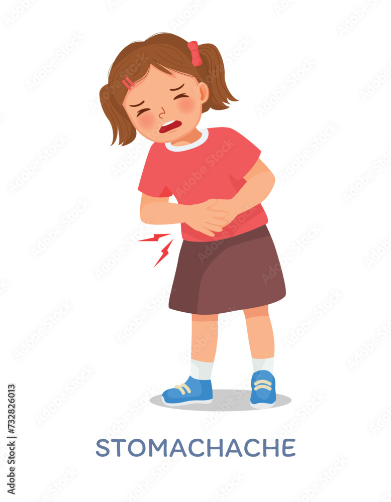 Sick little girl suffering from stomach ache, diarrhea, abdominal pain, gastritis, or food poisoning holding her belly Sick little girl suffering from stomach ache, diarrhea, abdominal pain, gastritis, or food poisoning holding her belly