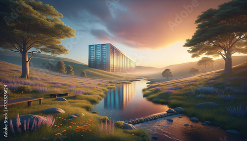 Harmonious Integration: Serene landscape with eco-friendly data center blending seamlessly into nature