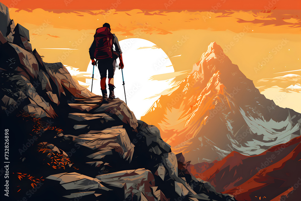 Hiker standing on a mountain peak and looking the sky, illustration, ai generated Hiker standing on a mountain peak and looking the sky, illustration, ai generated