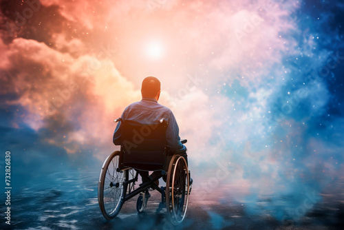Person in wheelchair looks at the abstract horizon with the colors like blue, red, green and yellow, July, Disability Pride Month photo