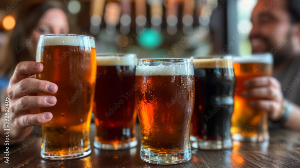 Happy friends drink beer in pub Happy friends drink beer in pub