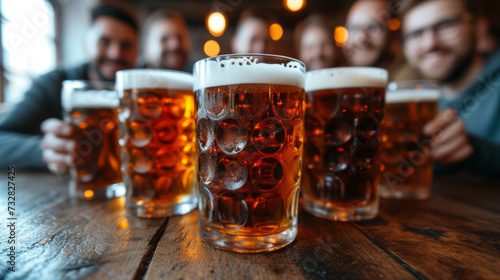 Happy friends drink beer in pub