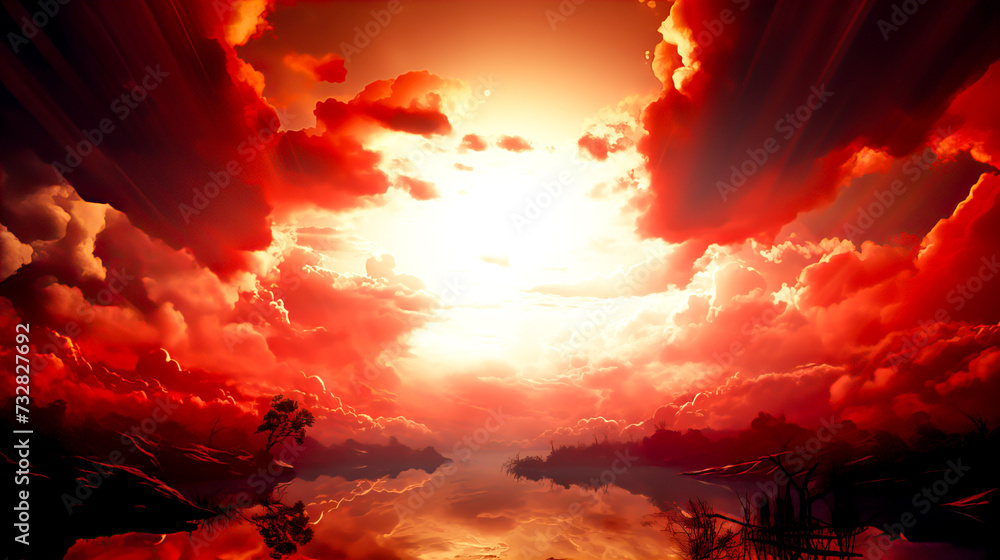 Fantasy landscape with red sky and sun. Fantasy landscape with red sky and sun. Generative AI technology.