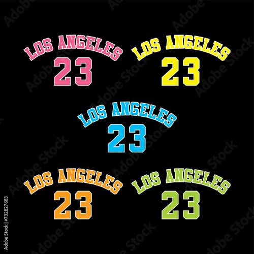 Los Angelis 23. Written four times in pink, yellow, blue, orange and green on a black background. Vector for silkscreen, dtg, dtf, t-shirts, signs, banners, Subimation Jobs or for any application. photo