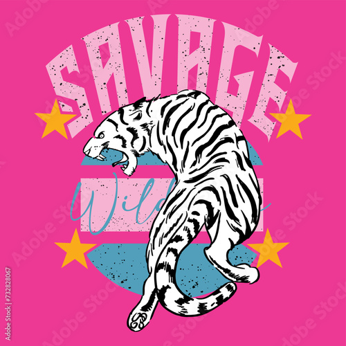 Sevege wild. And as a central image, a black and white tiger in front of a pink and blue striped circle, on the left and right sides, there are two yellow stars and a pink background.