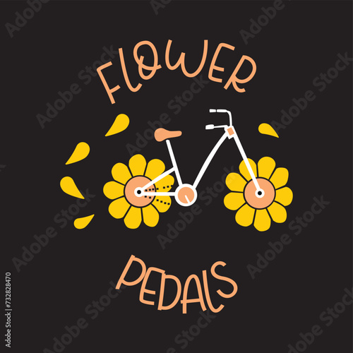 Flower pedals. Written in orange and the central image is a bicycle with sunflower wheels and a black background.