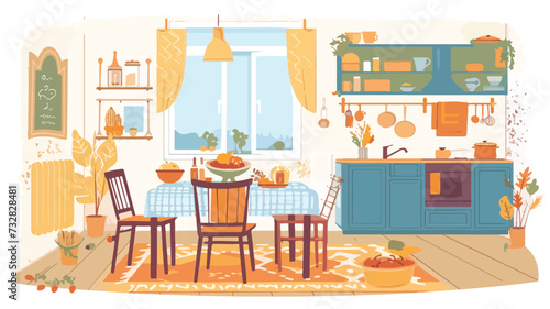 Cozy home flat color vector illustration set.