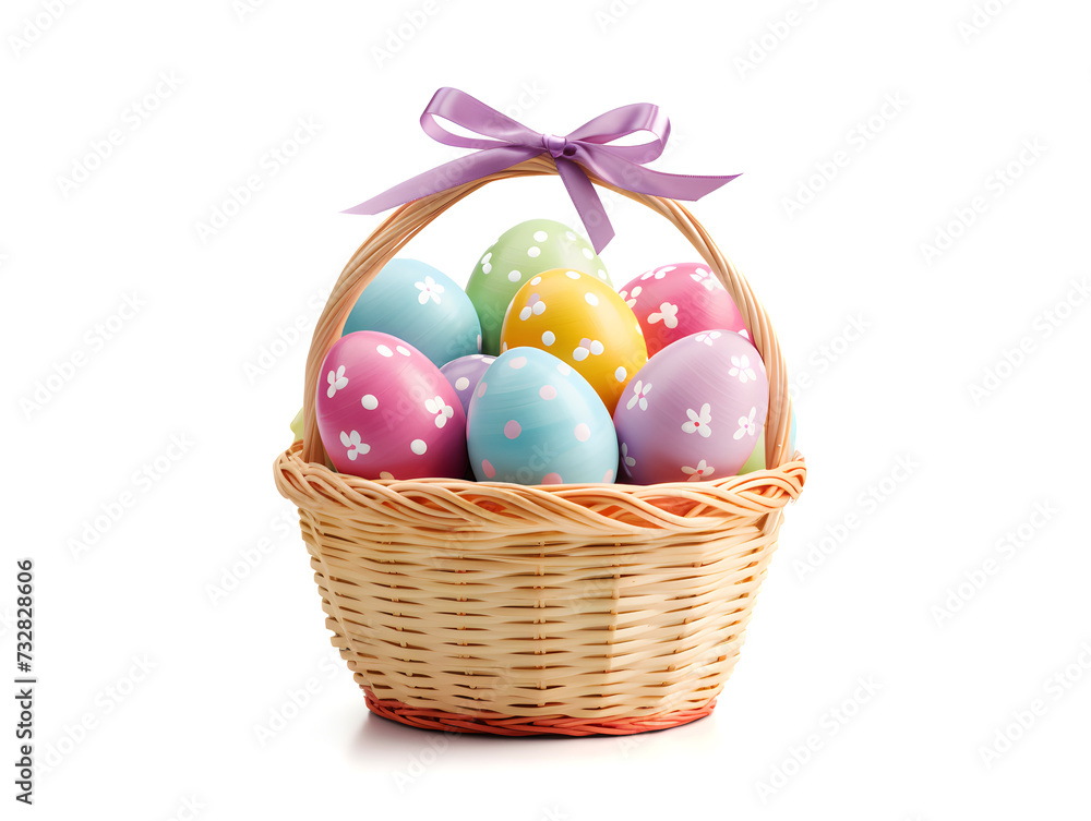 Beautifully Decorated Easter Eggs in a Wooden Basket Isolated on a White Background