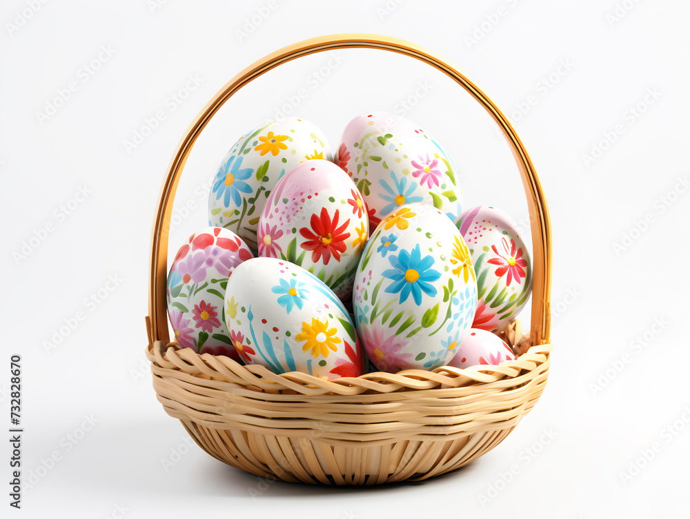 Beautifully Decorated Easter Eggs in a Wooden Basket Isolated on a White Background Beautifully Decorated Easter Eggs in a Wooden Basket Isolated on a White Background