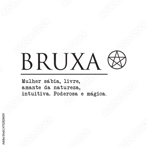 Wise, free, nature-loving, intuitive, powerful and magical woman witch. Written in black and next to the word "wise" there is a pentagram.