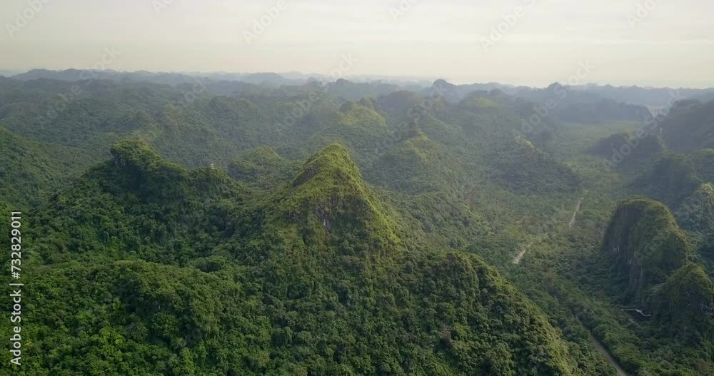  Asien, Southeast Asia, Vietnam, Northern, Son Mountains, Karst Mountains On Island, Halong Bay, Aerial view of mountains in fog at sunrise, aerial landscape in phong nam valley, scenery landscape