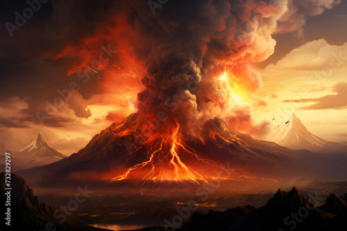 volcano eruption in a big mountain, big fire in a volcano , ai generated