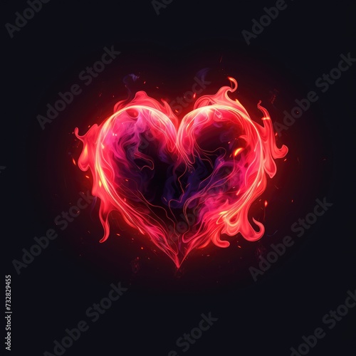 Love and passion concept. Burning heart on black background. Orange, yellow, red and purple flames. AI Generated 