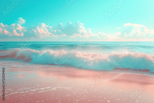 A calm pink sand beach with turquoise waves and a pastel sky. Seascape of a tropical paradise © ColdFire