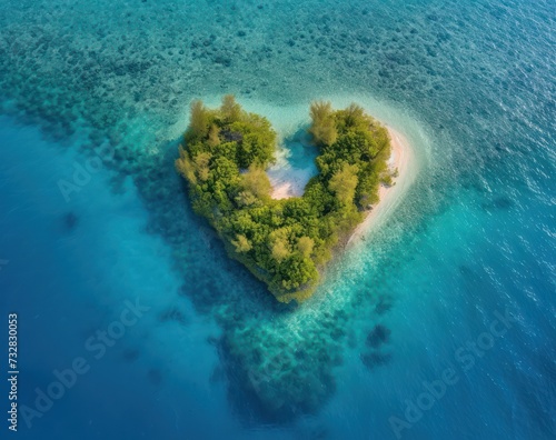 A romantic heart-shaped tropical island with lush greenery and a bird's-eye view of the ocean © ColdFire
