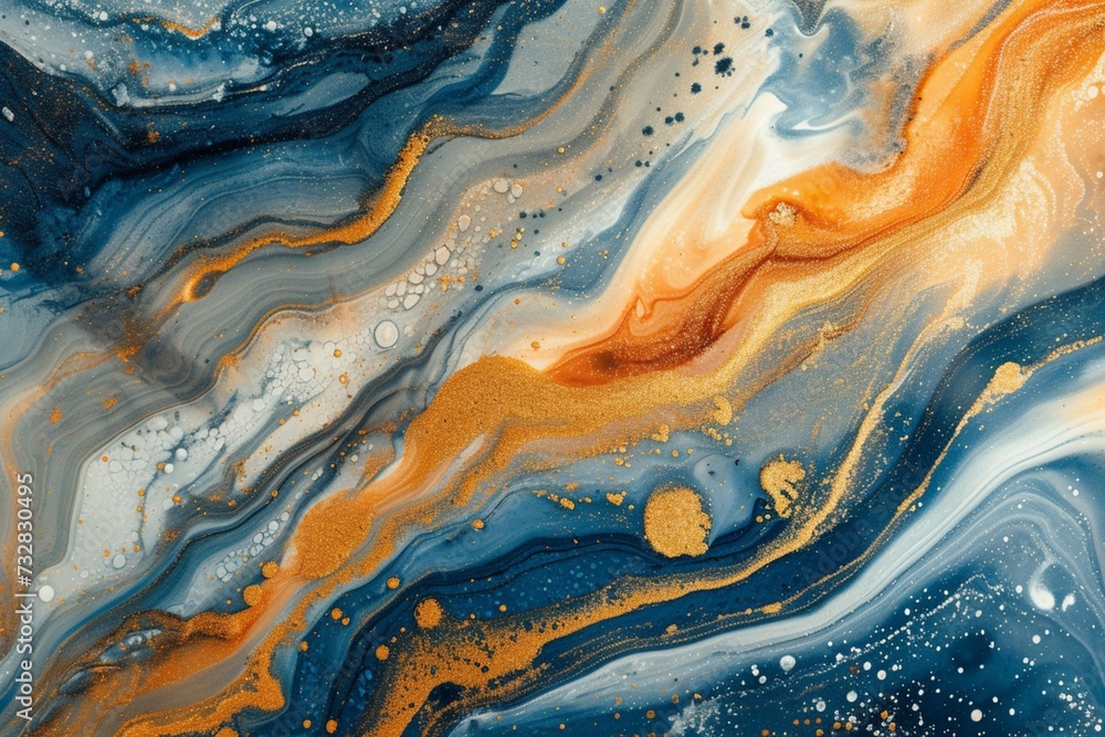 Marble ink abstract art background. Luxury abstract fluid art painting in alcohol ink technique, mixture of blue, orange and gold paints - obrazy, fototapety, plakaty 