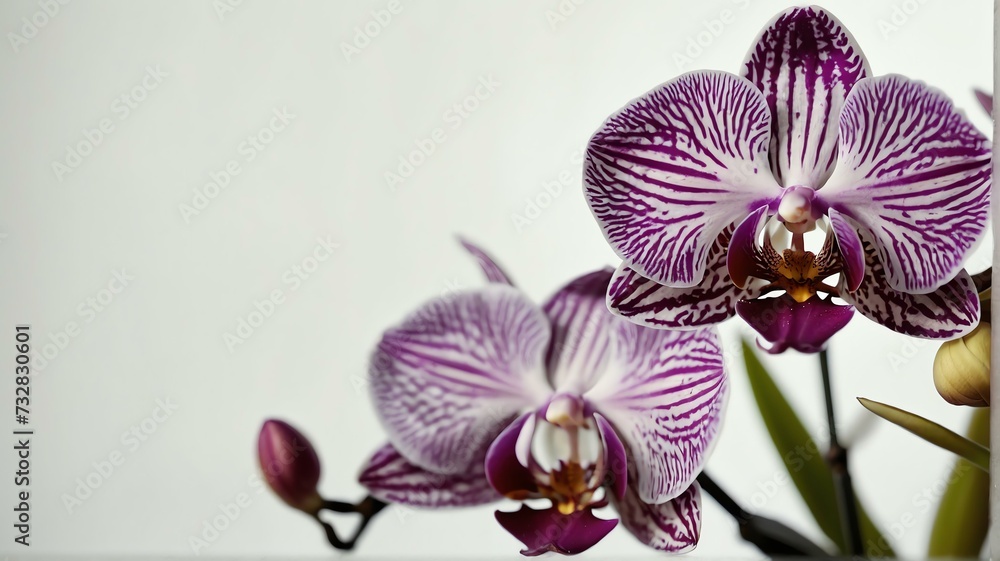 Fototapeta premium Bush of orchid flowers on plain white background from Generative AI