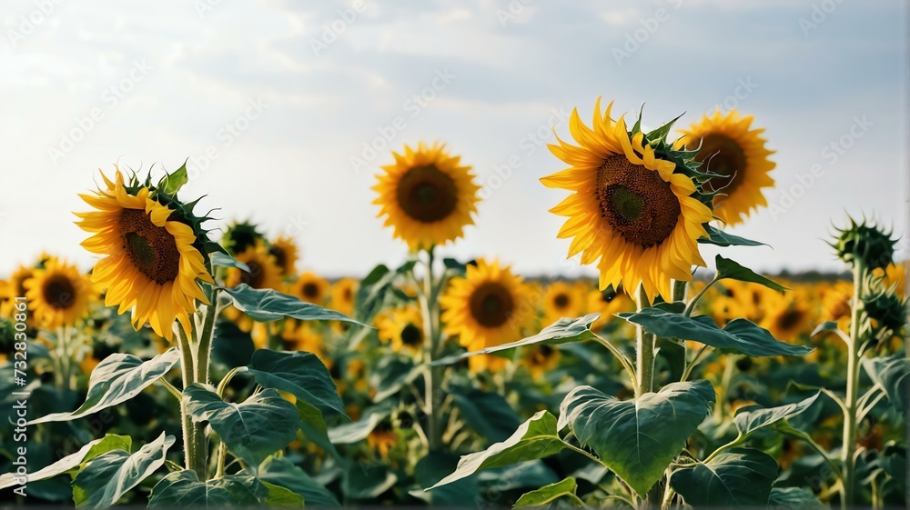 Bush of sunflowers on plain white background from Generative AI