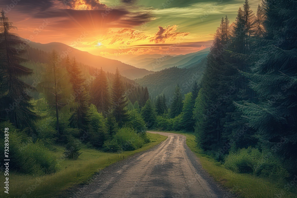Scenic winding road through lush green mountains at sunset